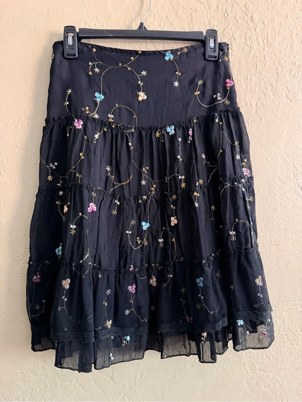 Floral Embroidered Black Tiered Midi Skirt